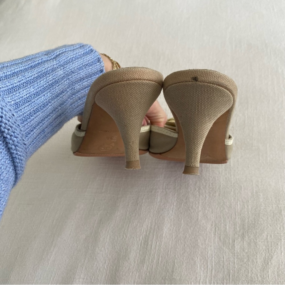CHANEL Beige Camellia Mules with Gold Trim - Picture 12 of 15